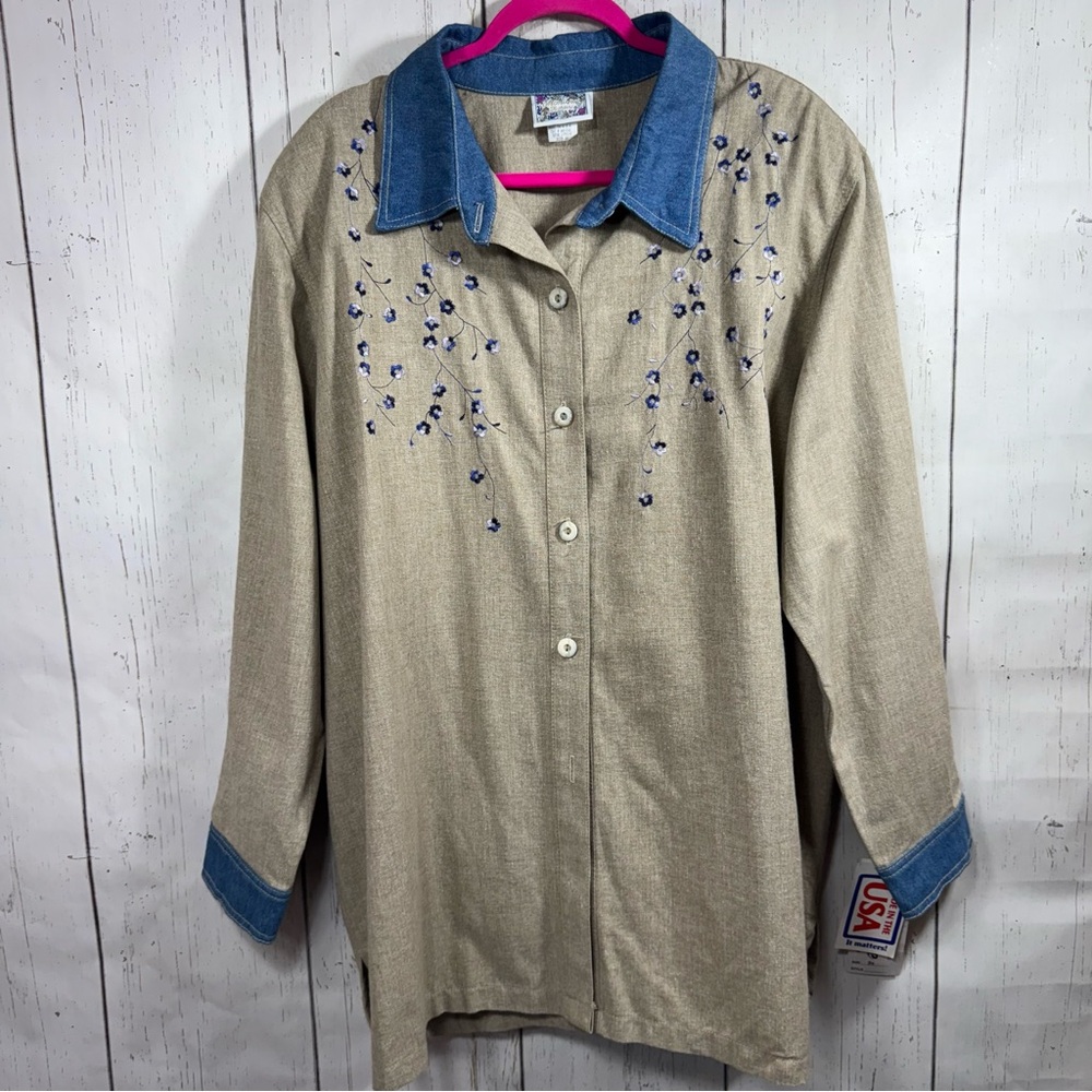 Vintage Monique Fashions Floral Embroidered Granny Shirt Tan Shirt Denim Cuff